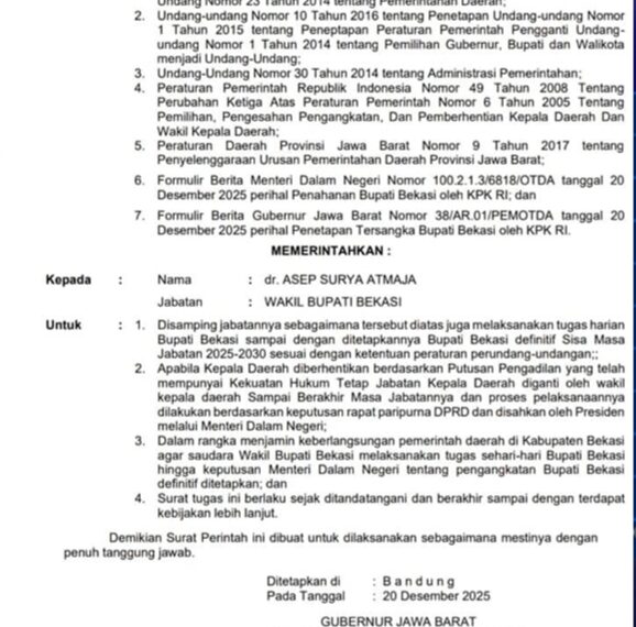 Gubernur Jabar Tunjuk Asep Surya Atmaja Resmi Jabat Plt Bupati Bekasi
