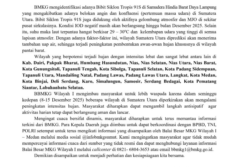 Waspada Cuaca Ekstrem 08-15 Desember 2025 di Sumatera Utara