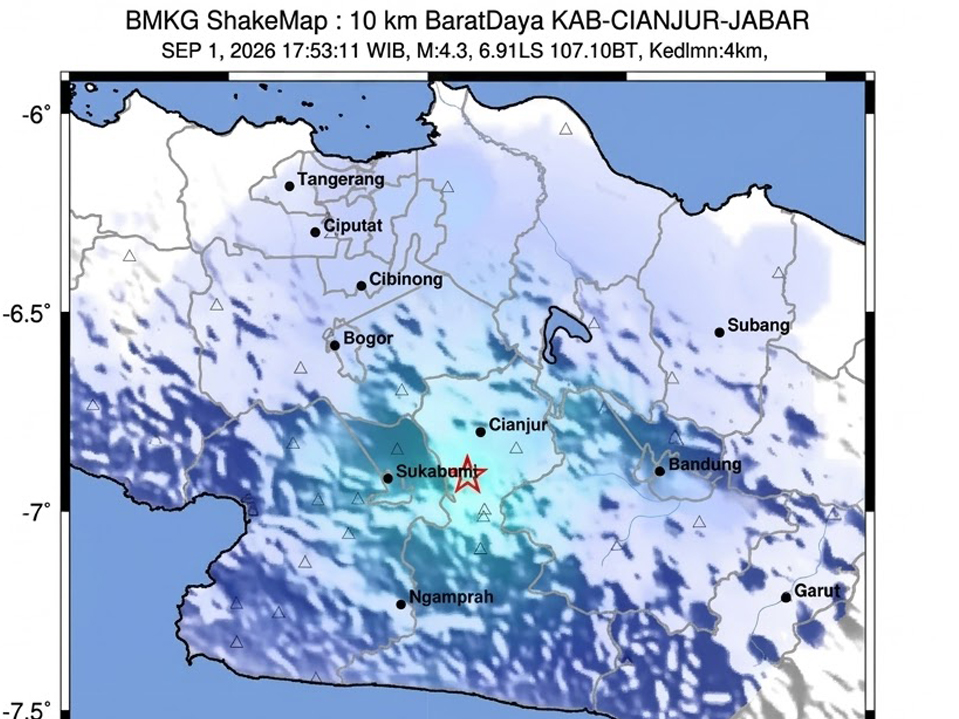 Cianjur Diguncang Gempa Tektonik Dangkal M 4,3, Guncangan Terasa Hingga Bandung dan Cibubur